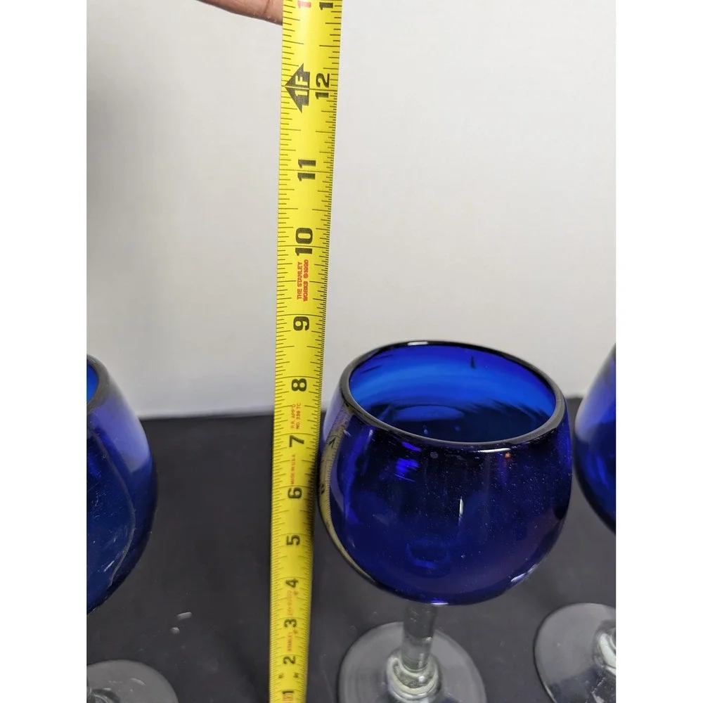 Cobalt Handblown Set of 3 Wine Goblet Glasses Blue Heavy